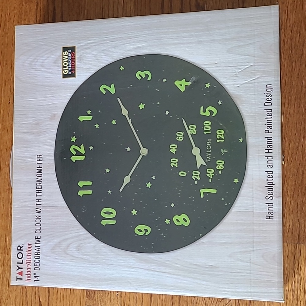 NIB - Indoor/Outdoor Clock with Thermometer (Glows in the Dark)